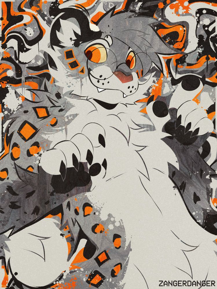 A digital half-body illustration of an anthro snow leopard named Shino. They have a gray and black color palette with black and orange rosette spots. They are posed with one hand up in a neutral position and the other in a pointing gesture. Shino is smiling and looking to the side through his circle glasses. Shino is "melting" into the background which is swirls of orange, black, and different tones of gray. There are various paint splattered effects on the illustration.