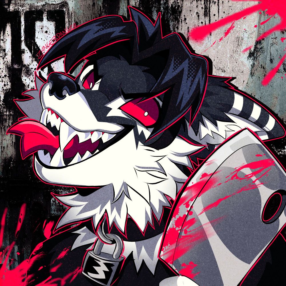 A digital icon illustration of a black and white anthro coyote, named Mutt, holding up a meat cleaver with a wild expression. Mutt has red eyes and black messy hair that parts in the middle and is wearing a collar with a lock on it. There are red blood splatters framing the illustration and a black and white grunge texture in the background.