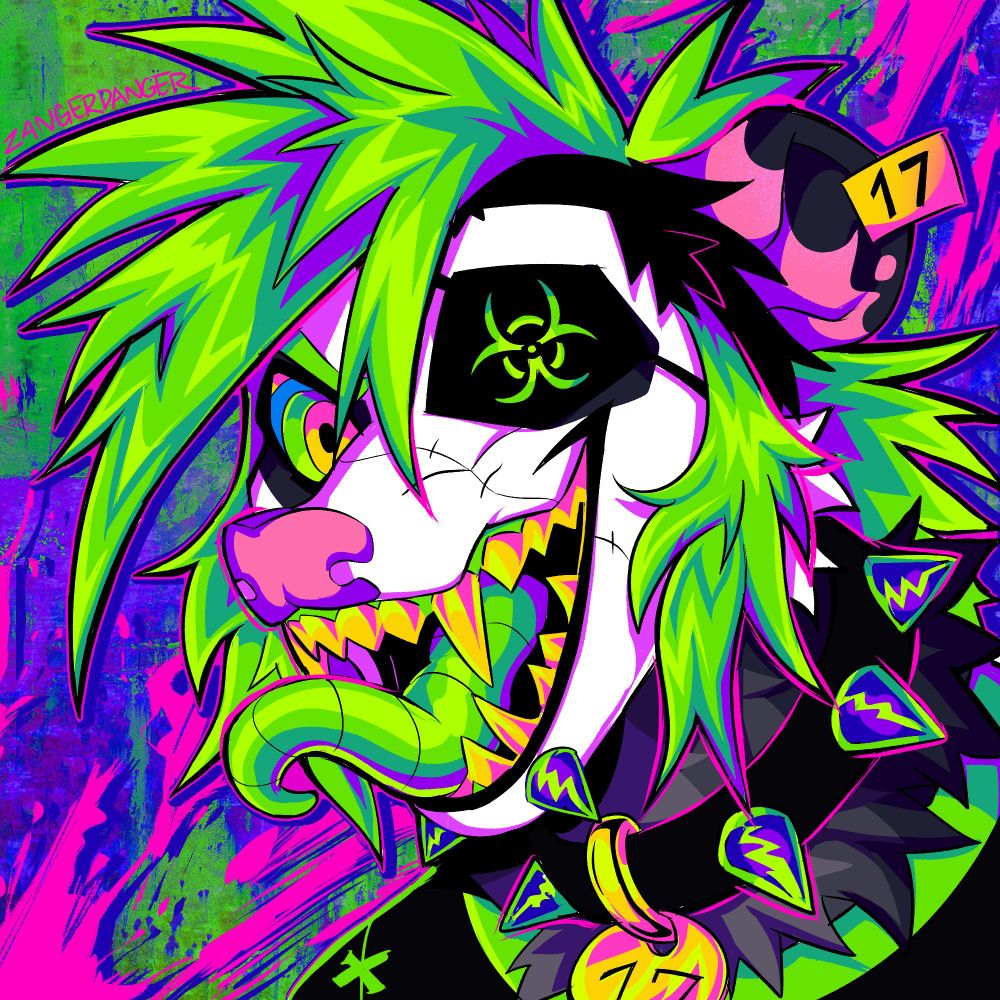 A digital icon illustration of an anthro opossum named Sock. Sock is facing left and looking at the viewer with a crazed expression, their teeth are bared and their alien-like green tongue is hanging out of their mouth. They have an eye patch on their left eye that has the biohazard symbol on it and snake bite lip piercings. They are wearing a spiked collar with a tag that has the number 17 on it as well as a tag in their ear with the number 17 on it. In the background is a green and purple grunge texture with pink blood splatters on it.