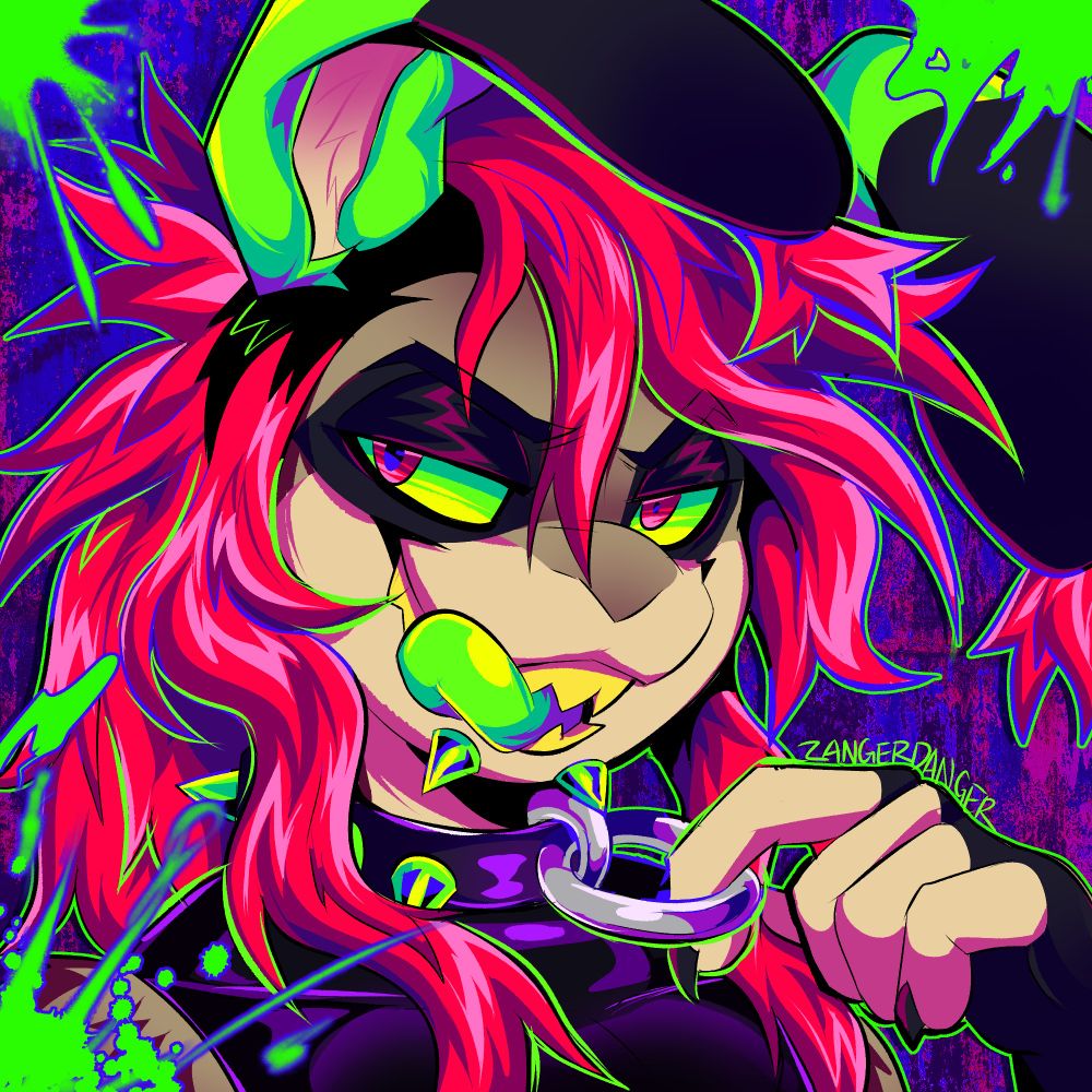 a digital icon illustration of an anthro rabbit named Rads with a long hot pink death hawk tugging on their collar flirtatiously as they lick their lips. Rads has a neon green tongue and sharp pointy yellow teeth. They are wearing a spiked collar and a latex crop top. There are neon green blood splatters in the corners and a grungey texture background.