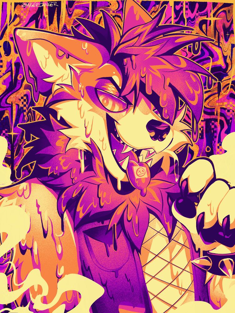 A digital illustration of a anthro freakhound melting into the background. The character has a wild expression with his tongue sticking out with an acid tab on it. He has hypno eyes and has his hand up with a spiked bracelet on his wrist. He is wearing a denim vest with fishnets underneath them. The illustration uses mainly pinks, purples, oranges, and yellows and shows the intensity of the character. There is yellow smoke in the foreground and background.