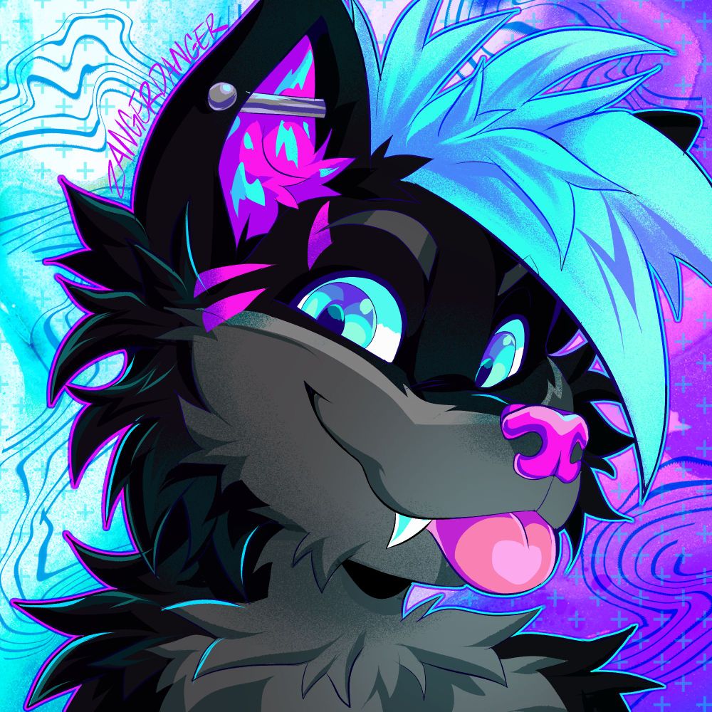 A digital icon illustration of a anthro grey wolf smiling with their tongue poking out. They have blue spiky hair with a pink nose. 