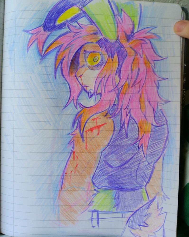 a traditional illustration with colored pencils of an anthro rabbit named rads with a pink death-hawk standing looking over their shoulder with a scared expression. They have blood dripping from their nose and mouth and several cuts on their arm. They are wearing a skin tight crop top.