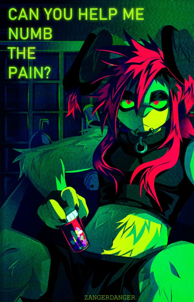 A digital illustration of an anthro rabbit, named Rads, sitting in a bathtub holding a bottle of pills. Rads has a long fluffy hot pink death hawk and is wearing a collar, a black crop top, and black shorts. The lighting is very intensely green and all of the reds are highlighted. Rads stares at the viewer with intense eyes. On the left is text that says "CAN YOU HELP ME NUMB THE PAIN?". 