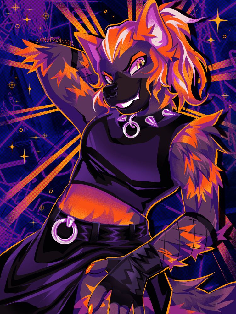 A digital illustration of a anthro hyena, named Hallie, in a flirty pose with one hand on his upper thigh lifting up his black skirt and the other arm behind his head. Hallie is wearing a black cropped shirt with a black skirt, as well as a spiked collar, sleeveless gloves, and fishnets on forearm. He has long orange hair with white streaks in a high ponytail. Hallie is smiling flirtatiously with a confident expression. Behind him are shining beams of orange light on top of a violet textured background. There are orange sparkles around him.