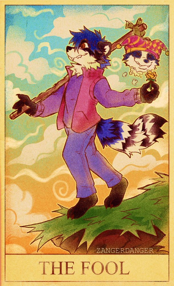 a digital illustration of a blue anthro raccoon drawn like the fool tarot card. The raccoon is holding a stick with a plush raccoon head on it. 