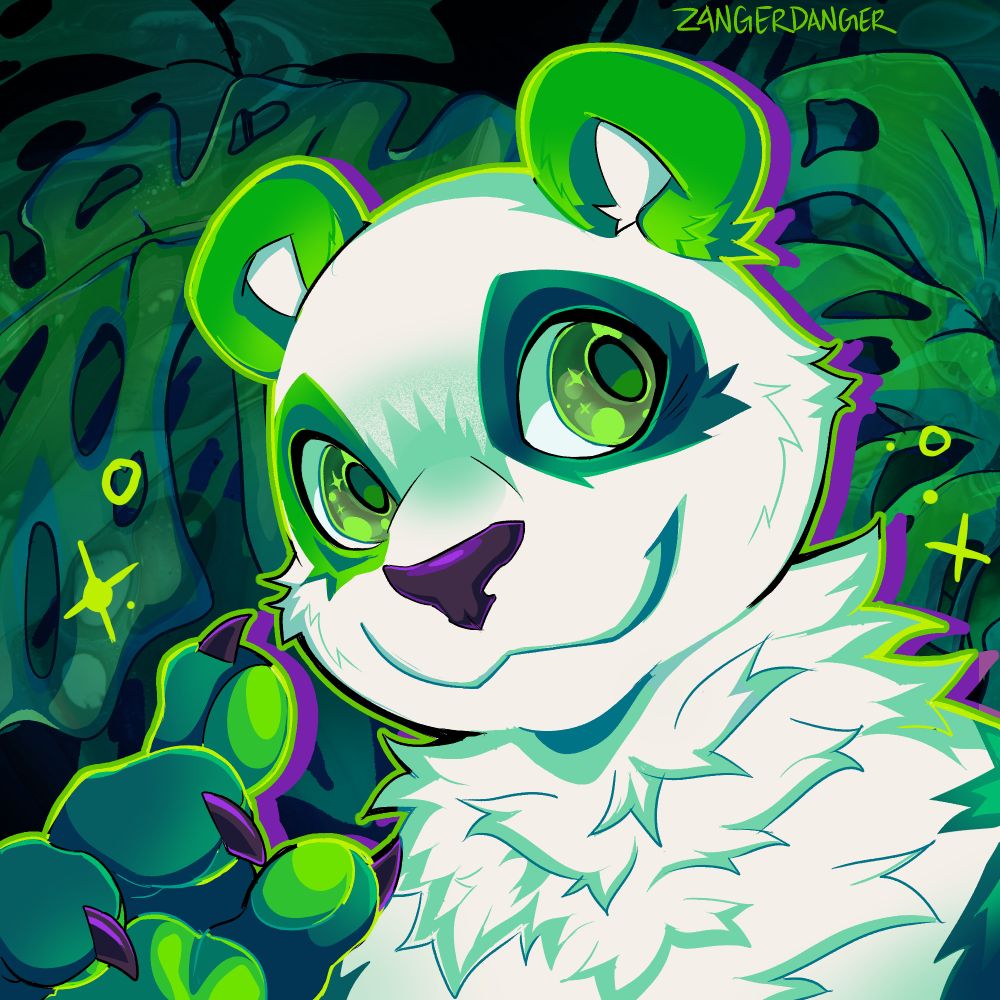 A digital icon illustration of a green anthro panda looking to the side with her paw up somewhat waving at the viewer. Behind her are big leaves with holes in them.