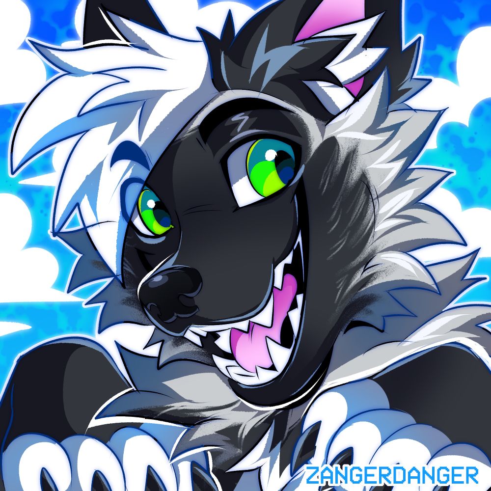 A digital icon illustration of an anthro silver fox named Sion. Sion is smiling wide with a playful expression. He has his paws up and bright green eyes. The background has white clouds with a blue sky.