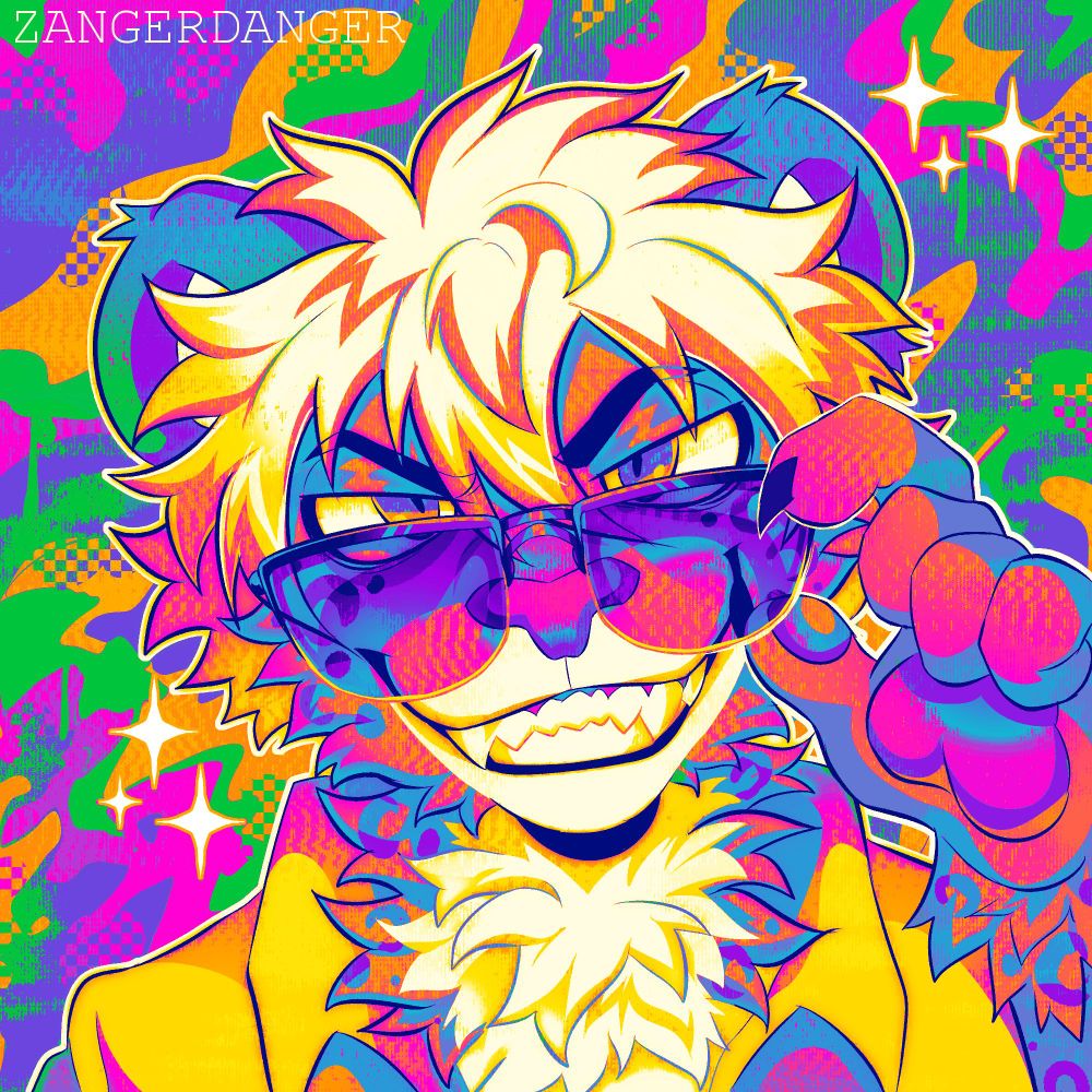 A digital icon illustration of an anthro jaguar named Gonzo. Gonzo is facing the viewer with a cocky expression, holding his sunglasses low on his face to expose his eyes. He has messy blonde hair and is wearing a open buttoned up yellow shirt. The illustration is a bunch of different rainbow psychedelic colors.