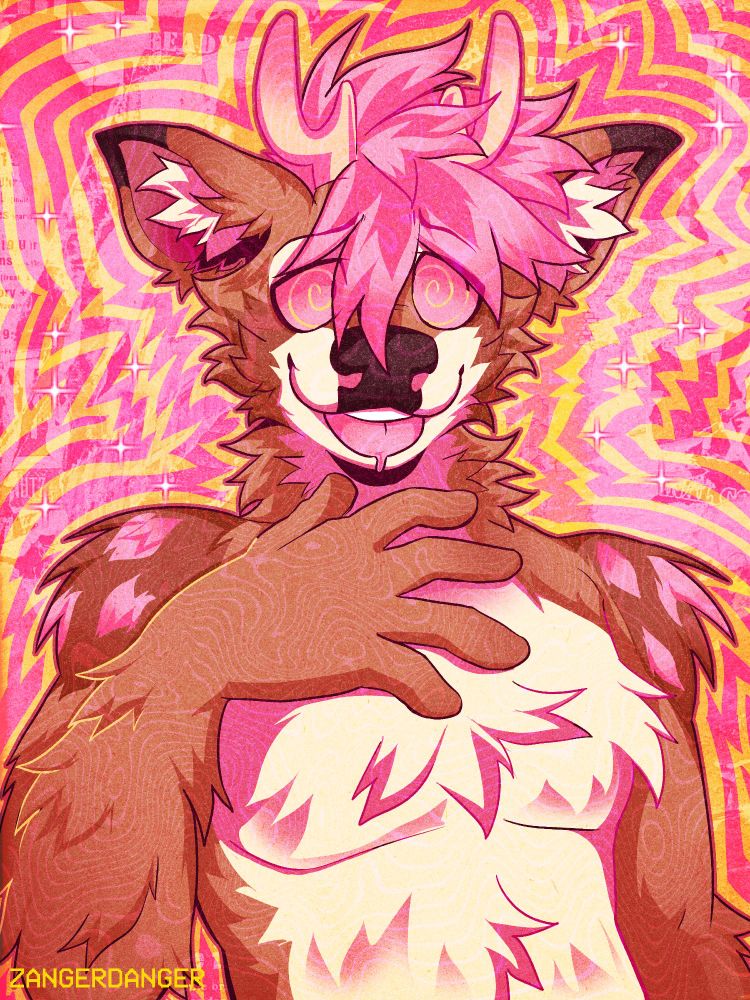 A digital illustration of an an anthro brown deer with a hypnotized dazed expression named Robin. He has messy pink hair and pink dots on his shoulders with his pink tongue sticking out. Robin has his hand up in a relaxed neutral position in front of his chest. The background is a pink and yellow bullseye pattern outlining him, making the viewer feel as if they are being hypnotized. There is a wavy line texture on Robin's fur.