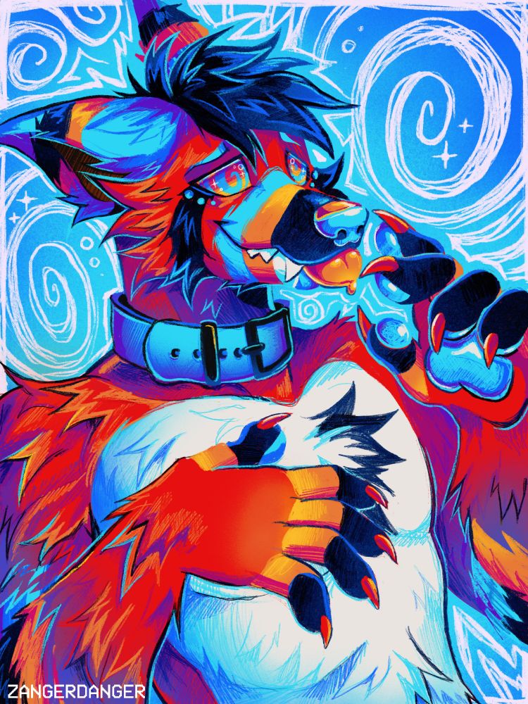 A digital illustration of a anthro red fox named Slash. Slash is looking off with a spiral eyes and a hypnotized expression with his tongue poking out. He has his hands up in neutral poses and is wearing a blue collar. Around him there are white spirals on a blue background. The illustration is drawn with sketchy lines, giving it a paper like texture.