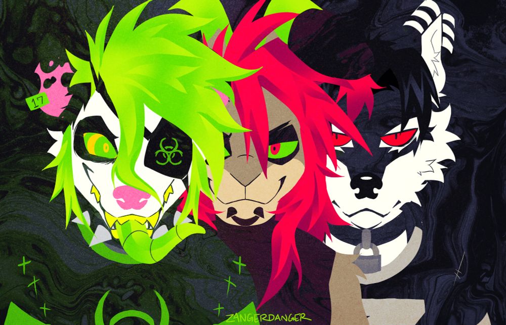A digital illustration of three anthro characters standing in a line facing the viewer. The first character is a opossum, named Sock, who has a crazed expression as their tongue hangs out of their mouth. They are wearing an eyepatch on their left eye that has the biohazard symbol on it, as well as a spiked collar and black and green shirt. Sock is partially obscuring Rads, the anthro rabbit. Rads has long hot pink hair and has snake bite piercings as well as a skin tight sleeveless top. Rads is partially obscuring Mutt who is a black and white anthro coyote. Mutt is wearing a collar with a lock on it as well as a black and white shirt. Mutt has messy black middle parted hair. There is a swirly texture on top that changes from green, to pink, to black as it shifts through the characters.