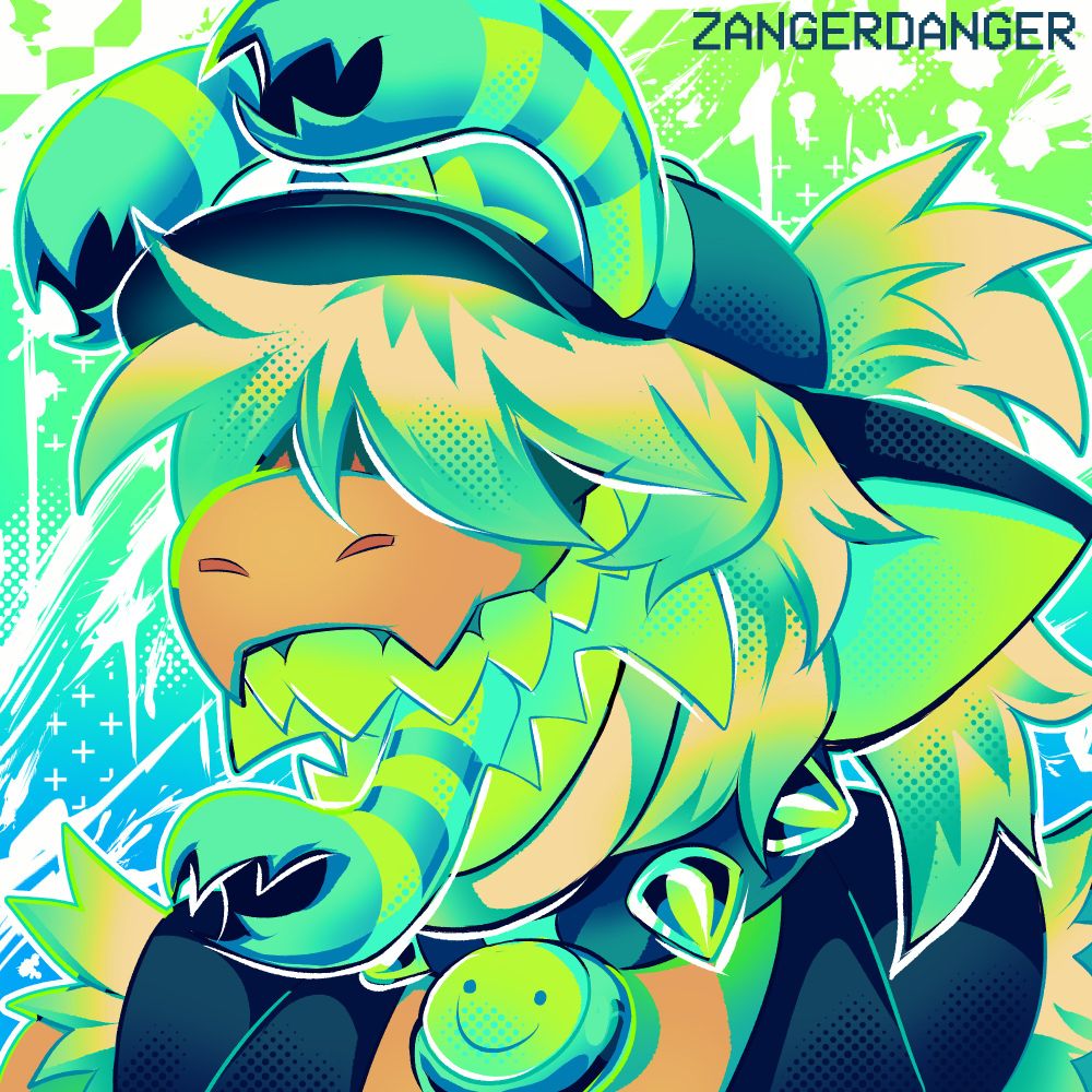 A digital icon illustration of draconic alien parasite named Sycophant. Sycophant is smiling wide with sharp teeth with a parasitic worm poking out as her tongue. She has fuzzy long hair that covers her eyes and is wearing a baseball cap with two more parasitic worms sprouting out of it. Sycophant is wearing a spiked collar with a charm that has a smiley face and a ripped vest. The background is a blue to green gradient with blood splatters and various patterns in white on top. The illustration uses mainly greens and blues that are extremely vibrant.