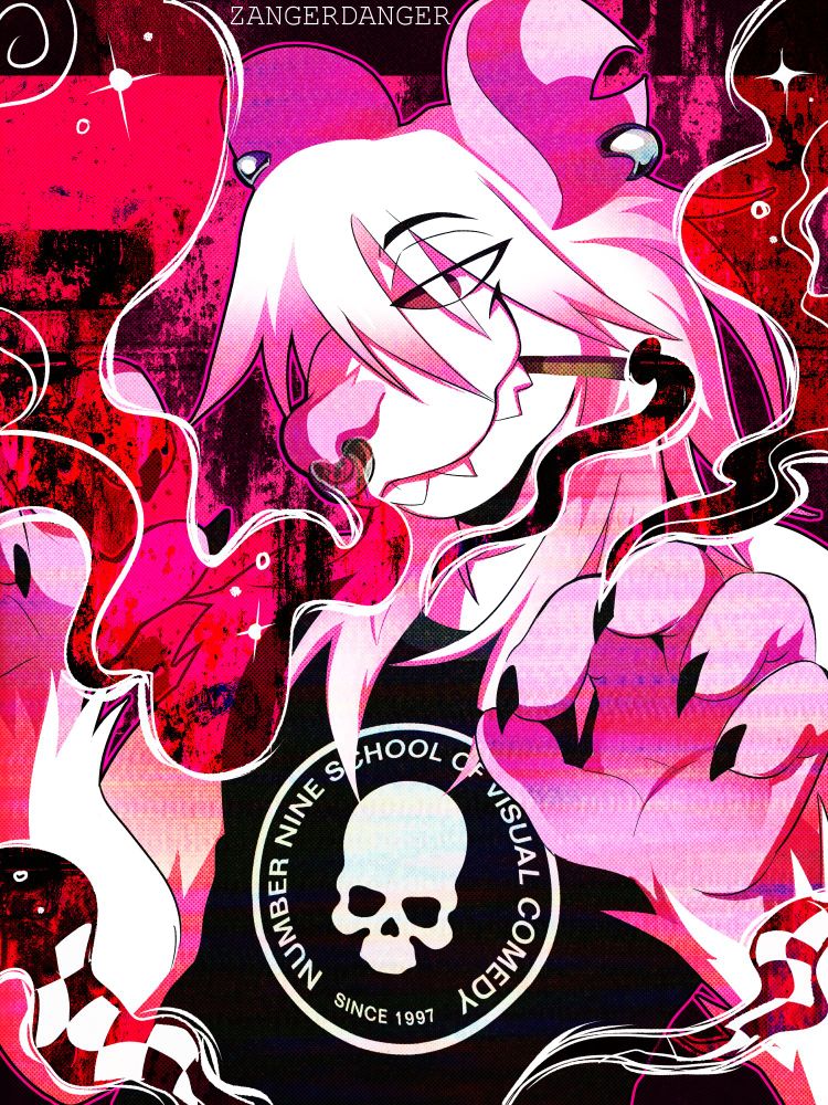 A digital illustration of an anthro white rat smiling with a toothy grin and holding a blunt in the corner of their mouth. The rat has long white hair and is wearing a black shirt with the Number Nine School Of Visual Comedy logo on it. One hand is doing the OK hand symbol and the other is obscured by smoke coming out of their nose. There is a grunge texture put on top with doodles drawn in smoke. The illustration mainly uses white, black, and red.