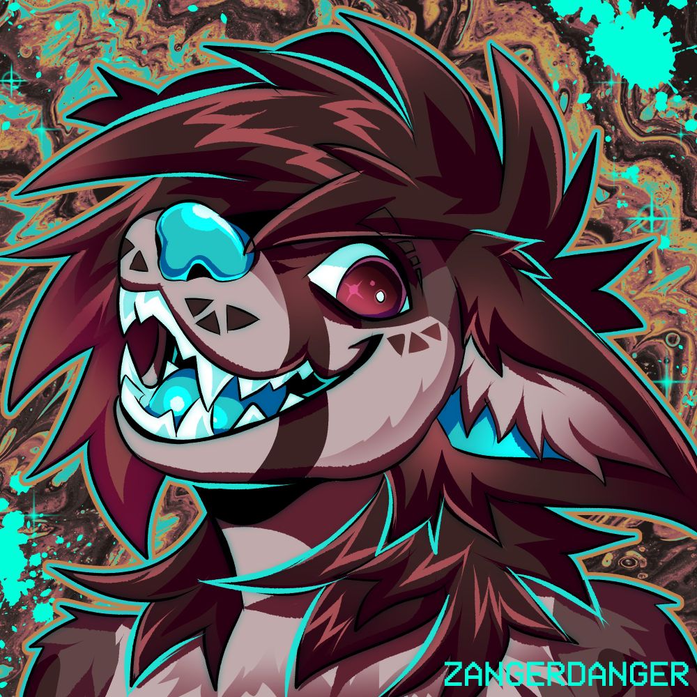 A digital icon of an anthro brown and teal alien dog named Lute. Lute is smiling wide with a deranged expression and wide eyes with their teeth exposed. They have various triangle markings on their muzzle and underneath their eye. The background is browns with teal paint splatters and sparkles.