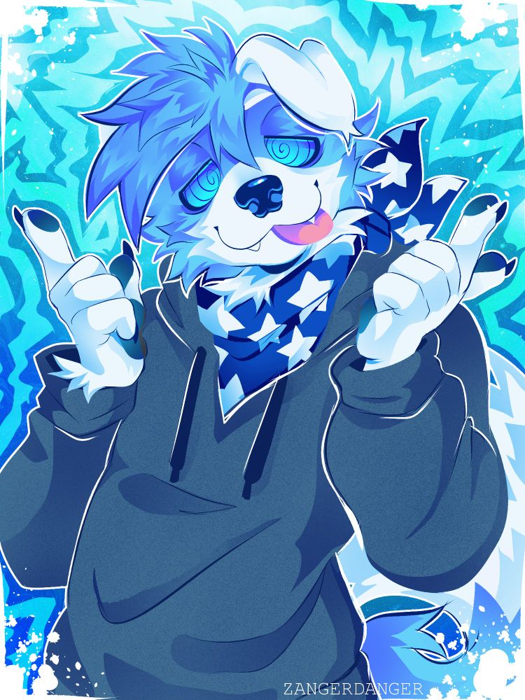 A digital illustration of a blue anthro dog with floppy ears smiling with their tongue poking out. They have both hands up in a finger gun like position and has swirly hypno eyes. They are wearing a blue and white star patterned bandanna around their neck and a grey hoodie. Behind them is a hypno like pattern with splotches of white in the corners.