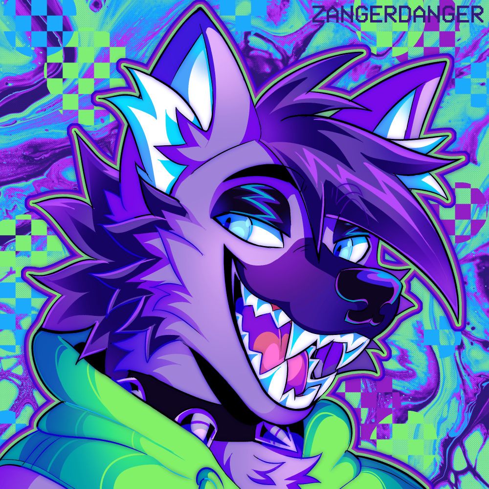 A digital icon illustration of an anthro purple maned wolf smiling deviously with his sharp teeth exposed. He is wearing a spiked collar and a mint green sleeveless hoodie. The background is swirls of different shades of purple, pink, blue and green with various checkerboard patterns on top.