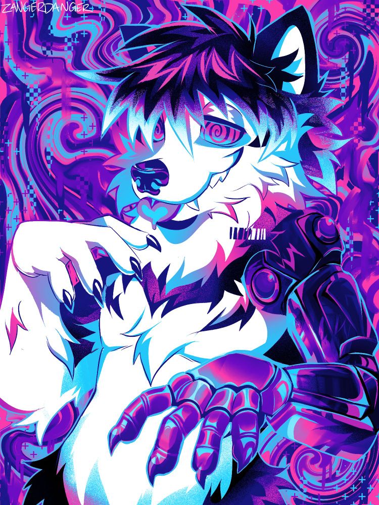 A digital illustration of a anthro husky smiling with a dazed expression and swirls in his eyes. His tongue is poking out of a wide smile. The husky has one robot arm. The illustration uses a limited palette of blue, pink, purple, and white. In the background there are melting and swirled colors with various textures ontop.