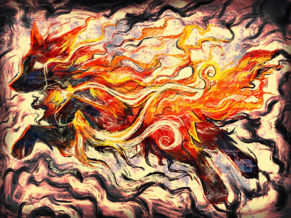 A digital illustration of a coyote covered in flames with smoke around it. It has tears flowing from its eyes.