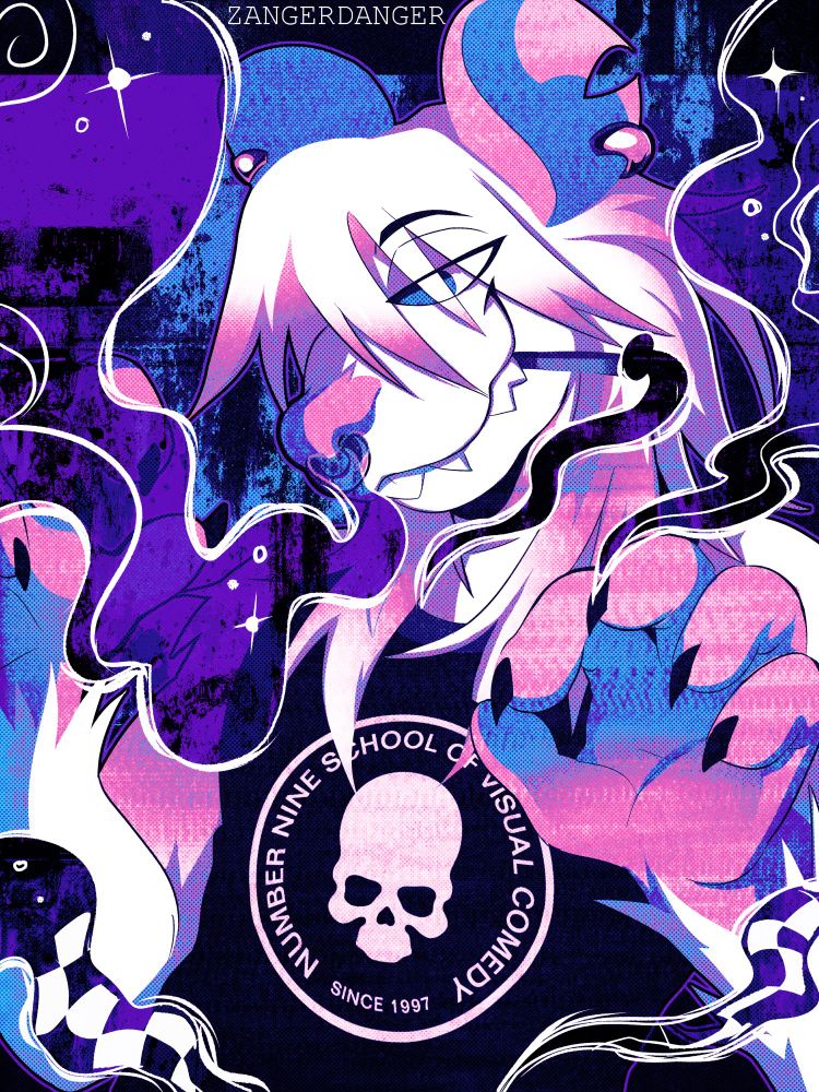 The same illustration as before but drawn with purple, blue, white, and pink.