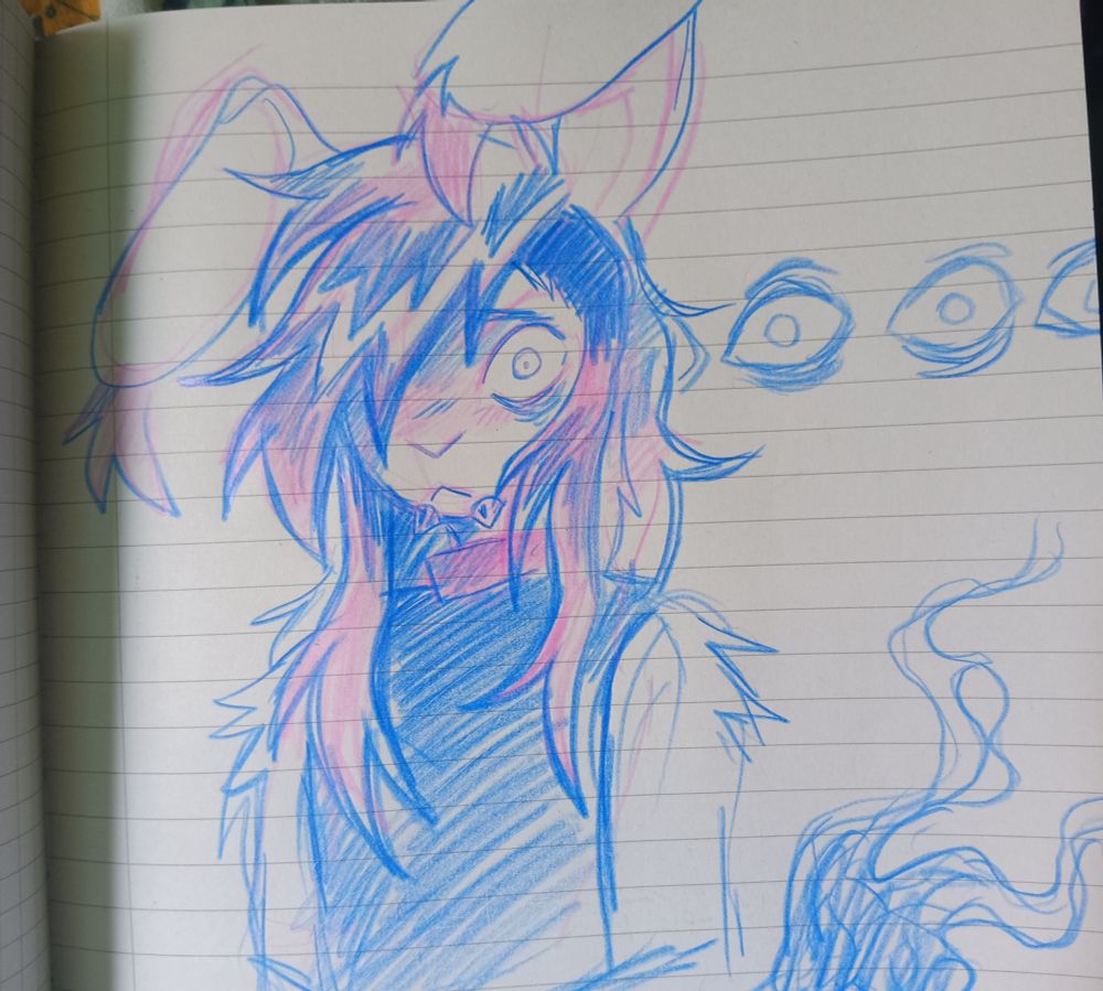 a traditional sketch of an anthro rabbit named rads staring at the viewer with a scared expression. there are several eyes drawn next to them. it is drawn with a pink and blue color pencil on paper.