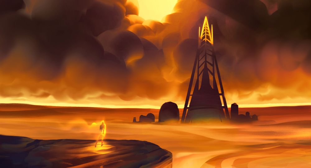 A figure that is burning like a match marches toward a cliff ledge. There is a desert with a dark tower with light hitting it from a break in the clouds. The sky looks as if it’s on fire.