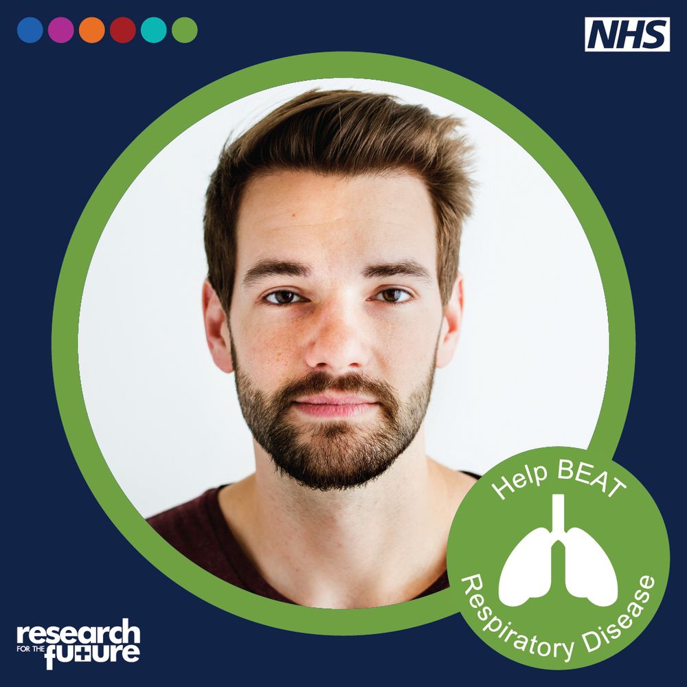 Graphic advert featuring logos of NHS and Research for the Future, accompanied by a smiling young man. The promotion encourages involvement in research with the slogan 'Help Beat Respiratory Disease' and includes an icon of a pair of lungs, emphasizing the focus on advancing knowledge and solutions in respiratory health.