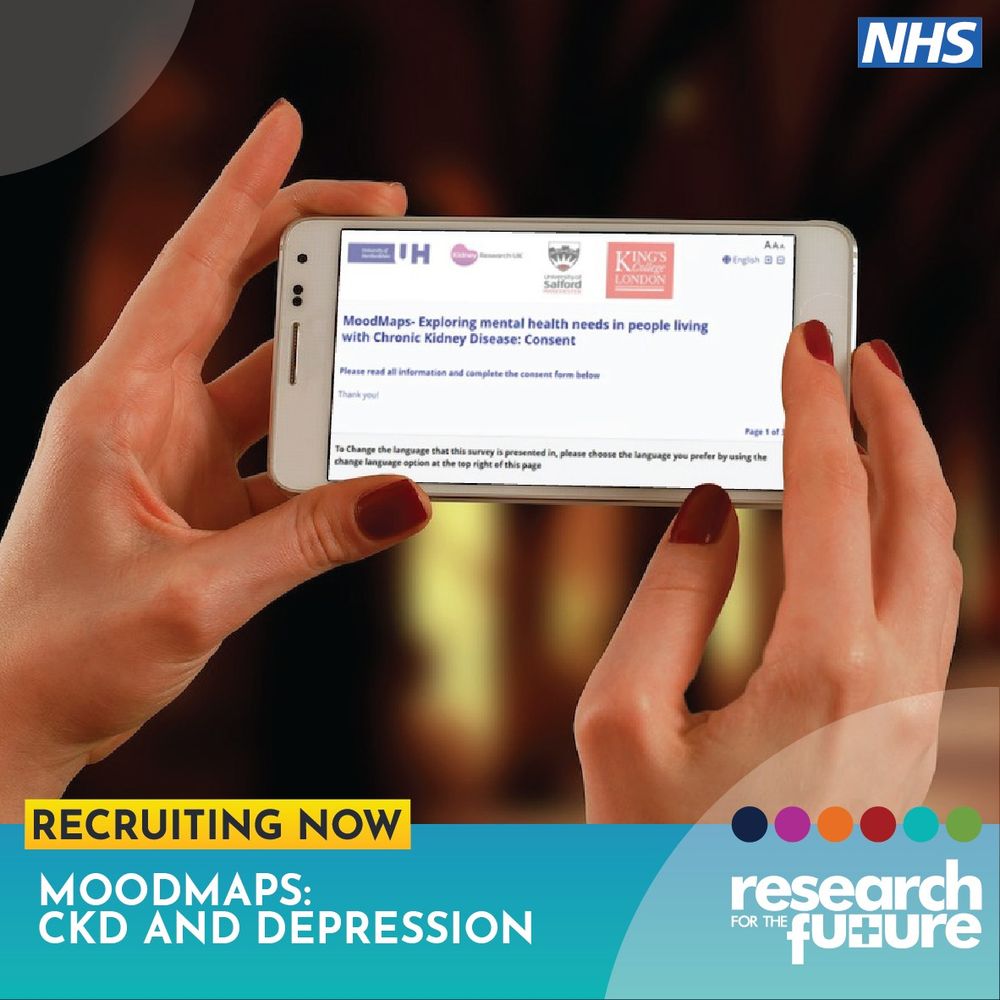 Graphic featuring logos of NHS and Research for the Future, along with an image of someone using a smartphone to access the MOODMAPS survey. The visual represents the study exploring the experiences of depression and psychological well-being for individuals living with kidney disease.