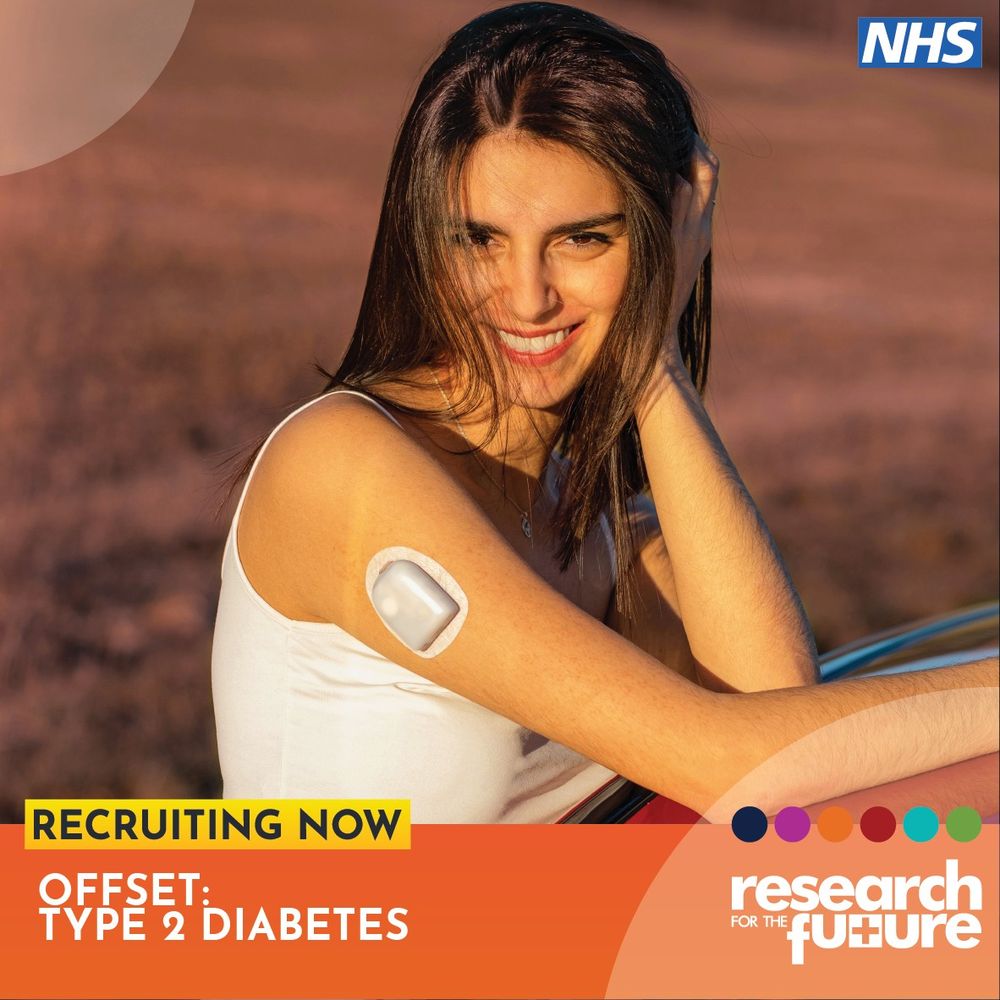 Graphic featuring logos of NHS and Research for the Future, accompanied by an image of a young woman wearing a continuous glucose monitor. This visual represents the OFFSET study, examining the effects of a time-restricted eating program on blood sugar control