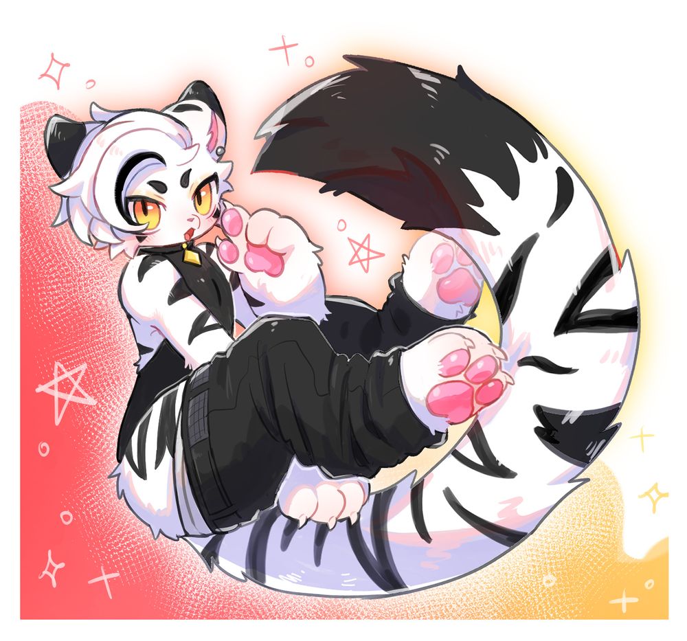 A white tiger showing off his new outfit: A black leotard and losse pants