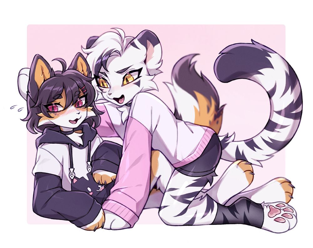 A picture of a white tiger crawling ontop of a calico cat. The tiger being extra pushy and the calico being super flustered