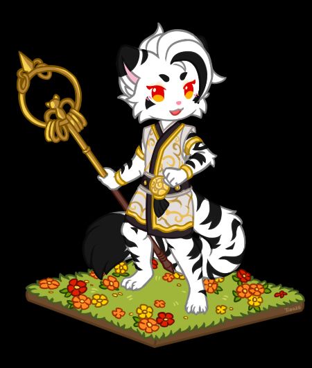 A white tiger in an RPG setting, weilding a tiger-themed cane and a white, black and gold coat, standing on a flower field
