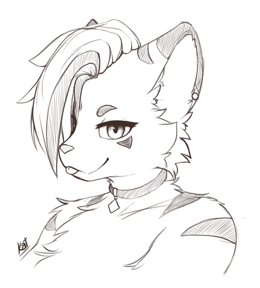 Portrait of Kubikoza the tiger, wearing his usual flair of a leather choker and his silver earring, sticking his tongue out just a tiny bit