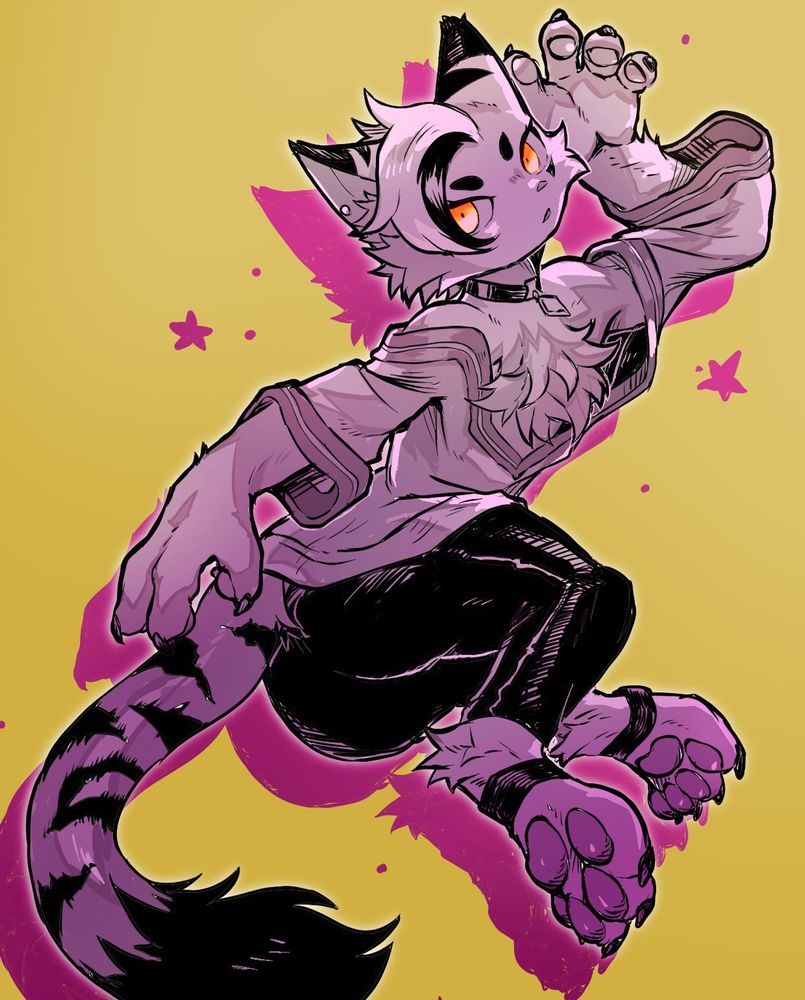 A white tiger showing up a new outfit: A loose shirt with medium sleeves, skin-tight pants and his signature choker