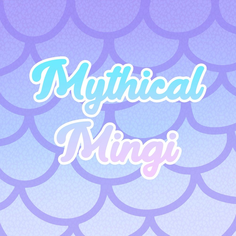 A picture with text reading “mythical Mingi” with a pastel purple and blue scale background. 