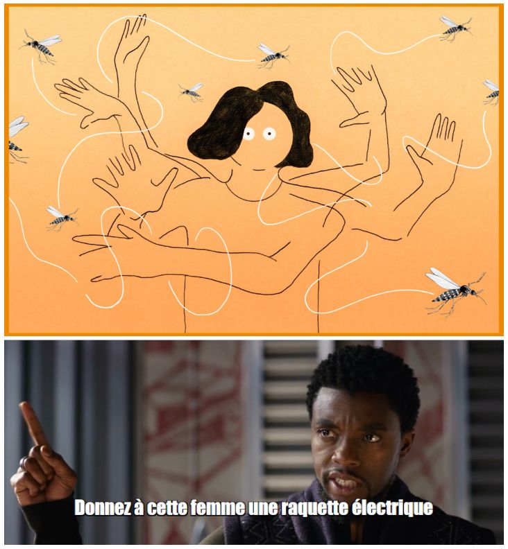 Détournement d'une image de Black Panther qui ordonne "Donnez à cette femme une raquette électrique", en référence à un dessin de Camille Jacquelot montrant une femme se débattre avec de nombreux moustiques en vol.