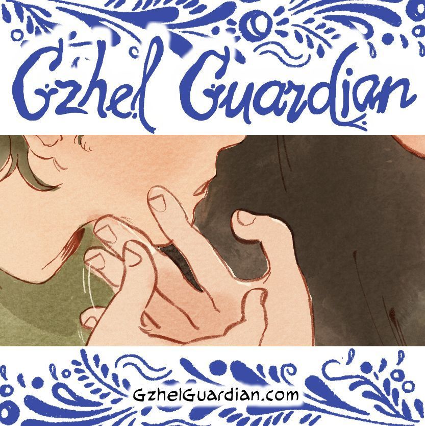 Image shows characters from Gzhel Guardian comic, Leo and Viktoria. Leo is holding Viktoria's face.
