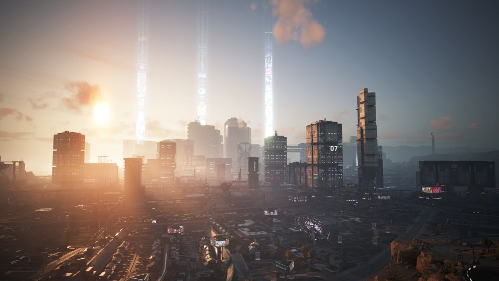 Night City at sunset