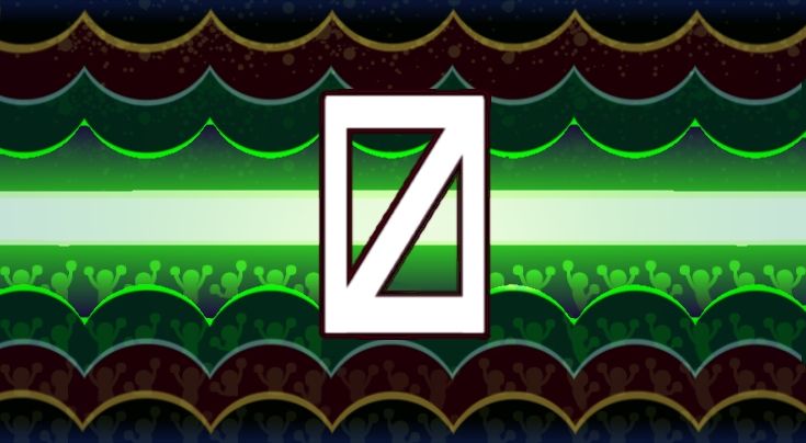 A pride flag with scalloped lines, meant to represent Thad from Murder Drones. From the bottom up: dark blue, dark yellow, dark red, turquoise, dark green, neon green, and then a bright green gradient bar in the middle. This pattern is vertically symmetrical. At the bottom, there is cheering people overlayed. At the top, there is a sputter effect overlayed. There is also a boxy zero in the middle of the flag.