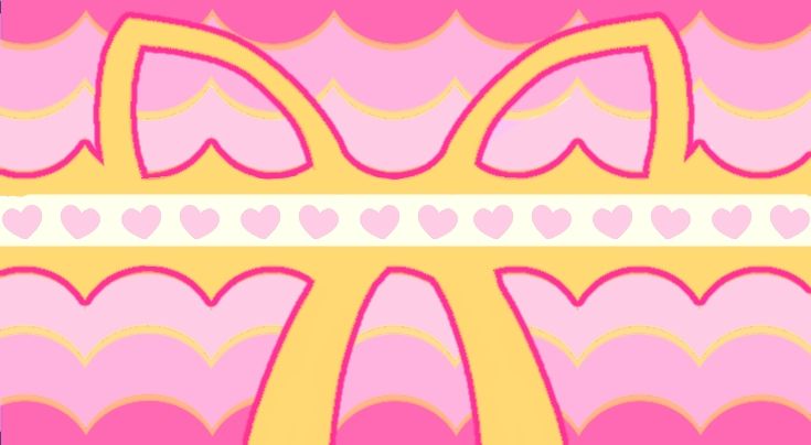 A flag meant to represent Lizzy from Murder Drones. A scalloped pattern going from hot pink, pink, to light pink with yellow accents. A hot pink line separates more yellow and a white bar in the middle with pink hearts. This pattern is vertically symmetrical. There are two triangular horizontally symmetrical yellow lines meant to imitate the top of Lizzy's bow. There are two ribbons coming from this meant to imitate the bottom of Lizzy's bow.