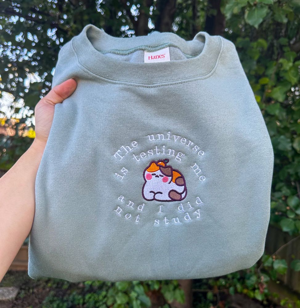 An embroidered sage green crewneck which reads “the universe is testing me and I did not study” with a brown and orange spotted cat in the middle 