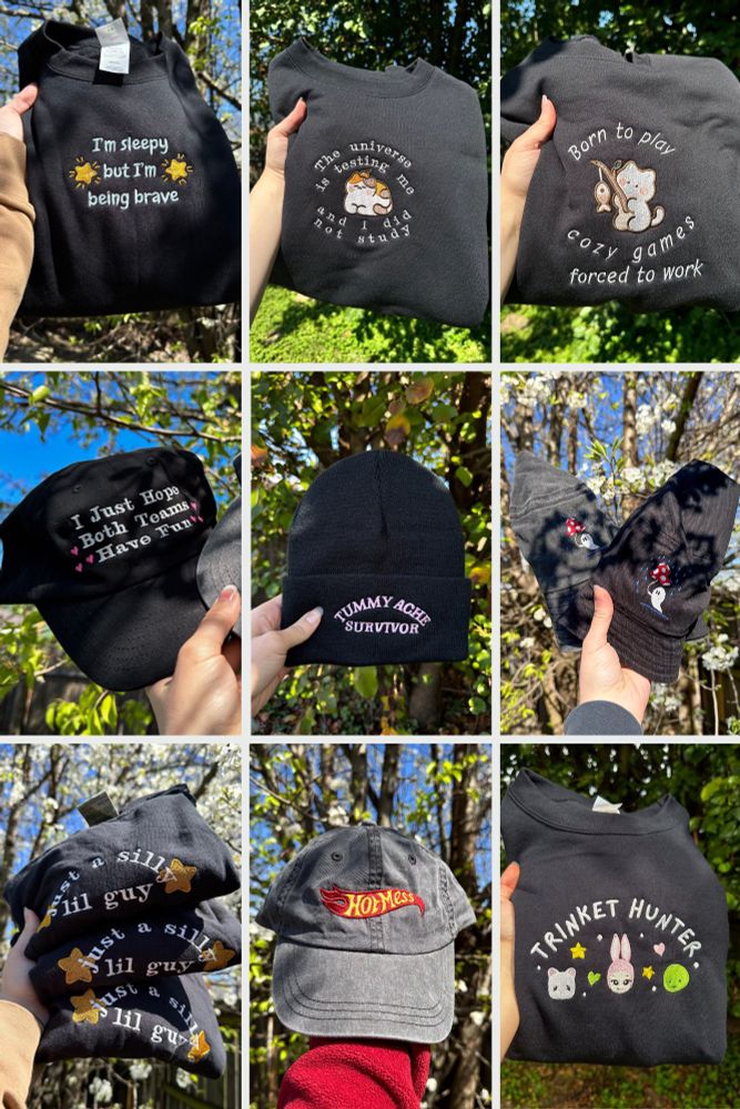 A collection of embroidered apparel in collage format 