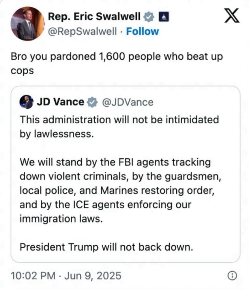 A post by Rep Eric Swalwell reminding VP Vance that the administration pardoned 1,600 people who beat up cops.