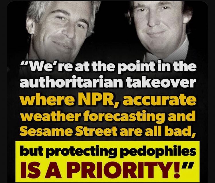 A picture of Trump and Epstein together with a statement listing NPR, accurate weather forecasts and Sesame Street are all bad, while protecting Pedophiles is a priority! 
