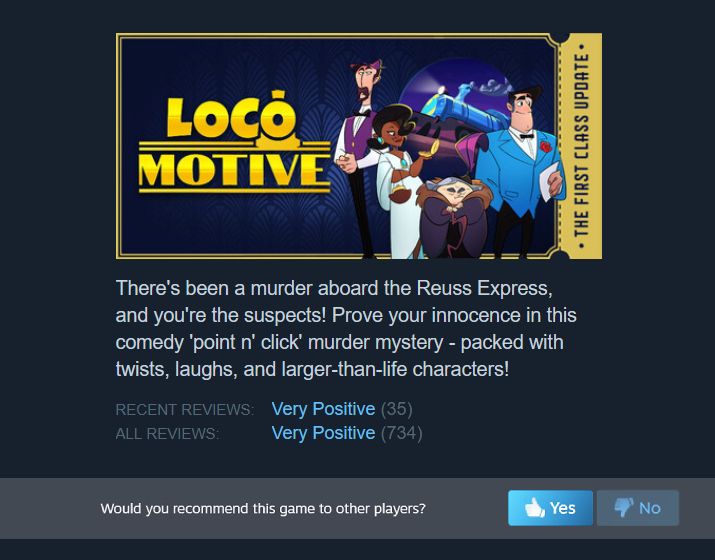 Loco Motive has a 94.68% Very Positive rating on Steam, with 734 reviews!