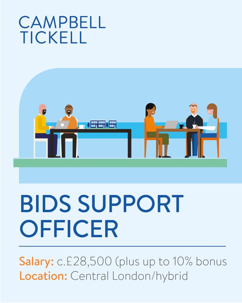 Logo saying Campbell Tickell above an image of people working together at desks and smiling. Below this is text saying Bids Support Officer. Salary: c.£28,500 (plus up to 10% bonus). Location: Central London / hybrid.