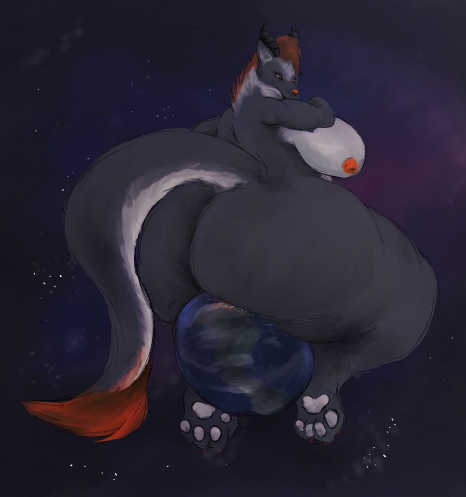 NobleWolfa’s character, drawn as a planetary-scale macro, sitting atop a planet.