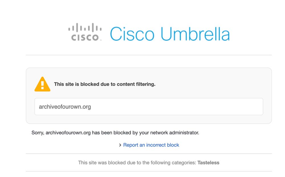 Cisco blocking AO3 because it deems it tasteless