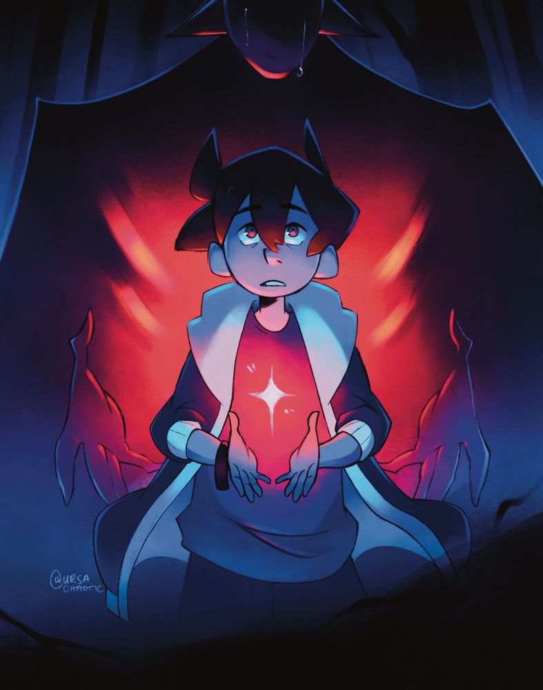Digital illustration made in Procreate! Max holds a floating star over his hands while looking up at a towering eldritch entity behind him. The entity has tears streaming down their face as they hold out their hands in the same way Max is holding the star. 