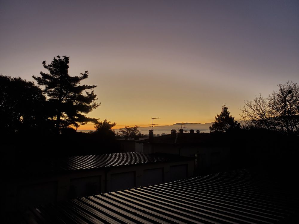 Photo de ciel au lever du soleil 
On distingue des toits, des arbres, et au loin la ligne des Pyrénées 
Le ciel est orange mauve, ce mauve du bleu nuit qui s'estompe au lever 